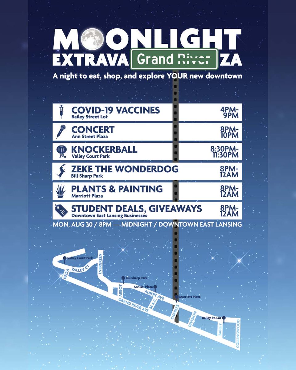 Welcome, #Spartans! Be sure to stop by <a href="/DowntownEL/">Downtown East Lansing</a>  next Monday, Aug. 30 from 8 p.m.-midnight for the Moonlight ExtravaGRANDza - A night to eat, shop and explore YOUR new downtown! More info: cityofeastlansing.com/CivicAlerts.as…. 
 
#EastLansing #DowntownEL #MSUFallWelcome #MSU