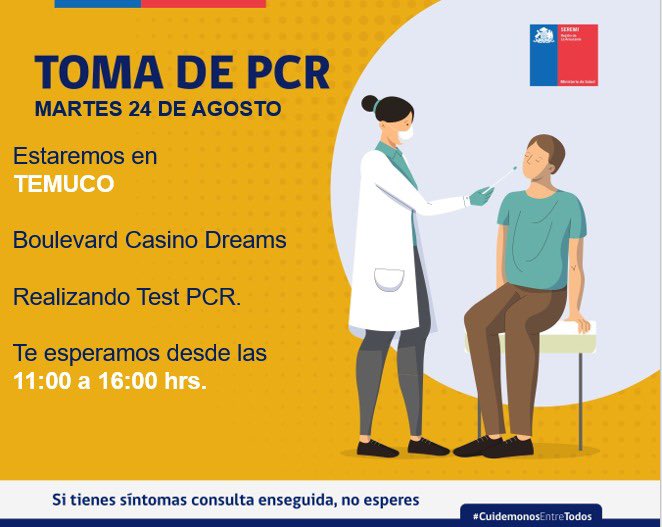 👉Este martes 24 de agosto nuestros equipos de testeo estarán haciendo exámenes PCR preventivos en diferentes puntos de la región. Recuerda que para asistir solo necesitas tu Cédula de Identidad y los resultados están en 24 o 48 hrs.! 

🔶Acá te contamos más información