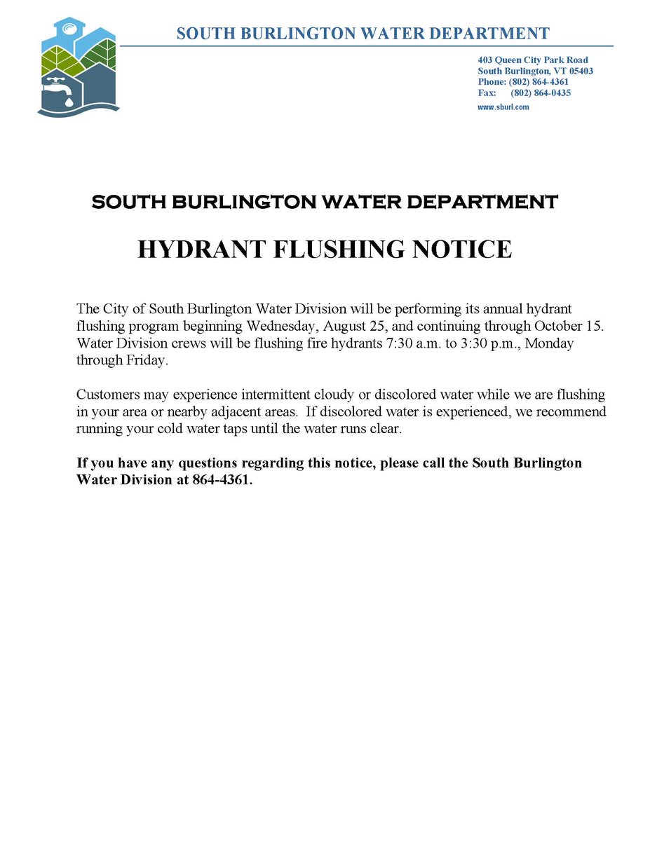 SBPubWorks's tweet image. The City will be flushing hydrants over the next two months. Please see attached notice for more information. 

@SBCityVT