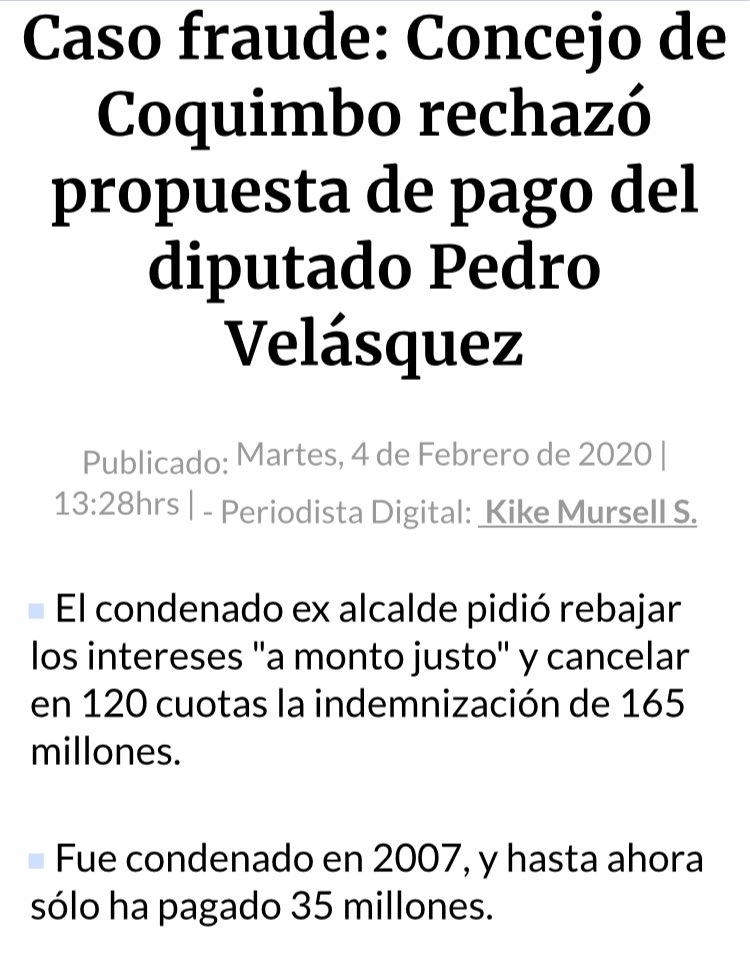 cgajardop's tweet photo. Chile Vamos lleva de candidato al Senado a Pedro Velásquez, delincuente condenado por Fraude al Fisco. Se robó 165 millones siendo Alcalde de Coquimbo y todavía no los paga.
¿Cómo se entiende @sebastiansichel que lleve en su lista a un delincuente condenado como candidato? https://t.co/gmi4OVs8tW