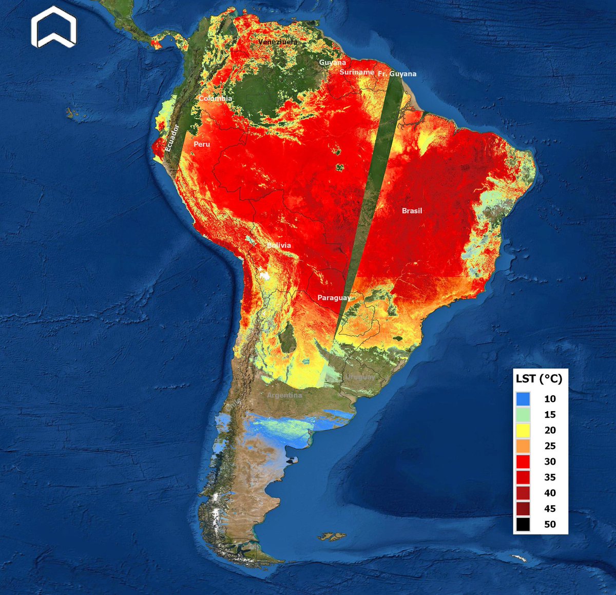 Wide Land Surface Temperature (not Air) range in South #America, with a strong heatwave affecting #Brazil and #Paraguay, and low values in the South, as shown by #Copernicus #Sentinel3 LST on August 23th. <a href="/WMO/">World Meteorological Organization</a> <a href="/ruisaldanha/">DiadaTerra</a> <a href="/Estaelsias/">Estael Sias</a> #heatwave #ClimateEmergency