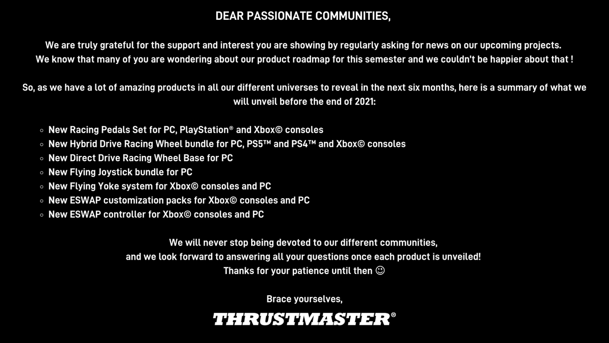 📆 Thrustmaster 2021 Roadmap ⬇️