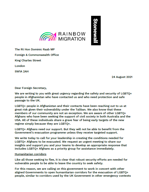 rainbowmigrants's tweet photo. LGBTQ+ Afghans are in grave fear of being early targets of the new regime simply because they are LGBTQ+.

With @stonewalluk, we've written to @DominicRaab urging him to make LGBTQ+ Afghans a priority group for evacuation. 

RT if you agree 👇 https://t.co/XKAI2XfOjR