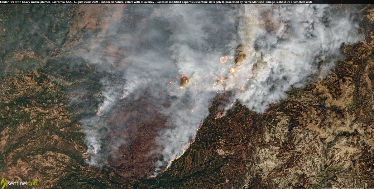 Satellite image of the Caldor Fire with heavy smoke plumes, California, USA. 22 August 2021. Copernicus/Pierre Markuse