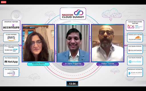 NasscomEvents's tweet photo. Aditi Puri Batra, TATA Business Hub spoke with Philips Thomas, @penverproducts Dr Vishal Rajgarhia, @finecurepharma on 'How to Think, Act and Adopt the Cloud'.

Join the #NASSCOMCloudSummit. LIVE NOW! 
Register at: https://t.co/m9Ne5id1DR https://t.co/a63QRnR8sV