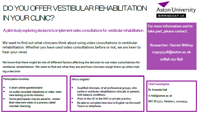 withey_harriet's tweet photo. VOLUNTEERS NEEDED for MSc research into video consultations for vestibular rehabilitation. Would you be interested in sharing your views? 

To find out more email me at 119031328@aston.ac.uk. https://t.co/se1iN5TcPm