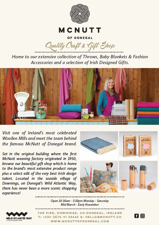 McNutt of Donegal

Home to an extensive collection of Throws, Baby Blankets &amp; Fashion Accessories and a selection of Irish Designed Gifts

Located in the seaside village of Downings, there has never been a more scenic shopping experience!
#flydonegal