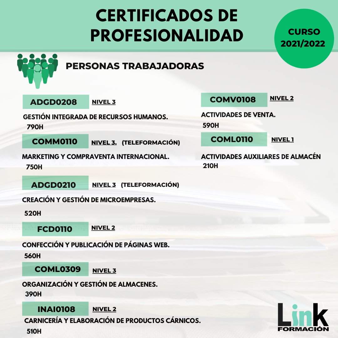 linkformacion's tweet photo. #Certificados de #Profesionalidad para personas #trabajadoras y #autónomas para el próximo curso📣

🔸 Cursos 100% #gratuitos

#formación #gratuita #trabajadores #autonomos #cursos #subvencionados #valencia 

Inscríbete a través del siguiente enlace:

https://t.co/FFkd1aJKyg https://t.co/cpxuYyilcg