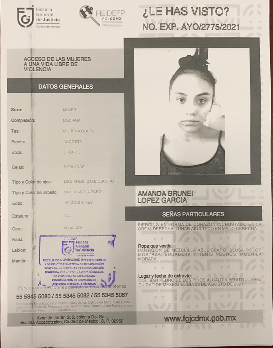 Soyfabbiana's tweet image. Ayer a las 15:16 mi hermana menor AMANDA BRUNEI LÓPEZ GARCÍA salió de casa y no regresó, tiene 15 años. 
Traía blusa color mostaza, sudadera negra, pantalón de mezclilla azul claro, tenis negros y una mochila morada.

Se ubicaba en la colonia San Pedro De los Pinos y alrededor