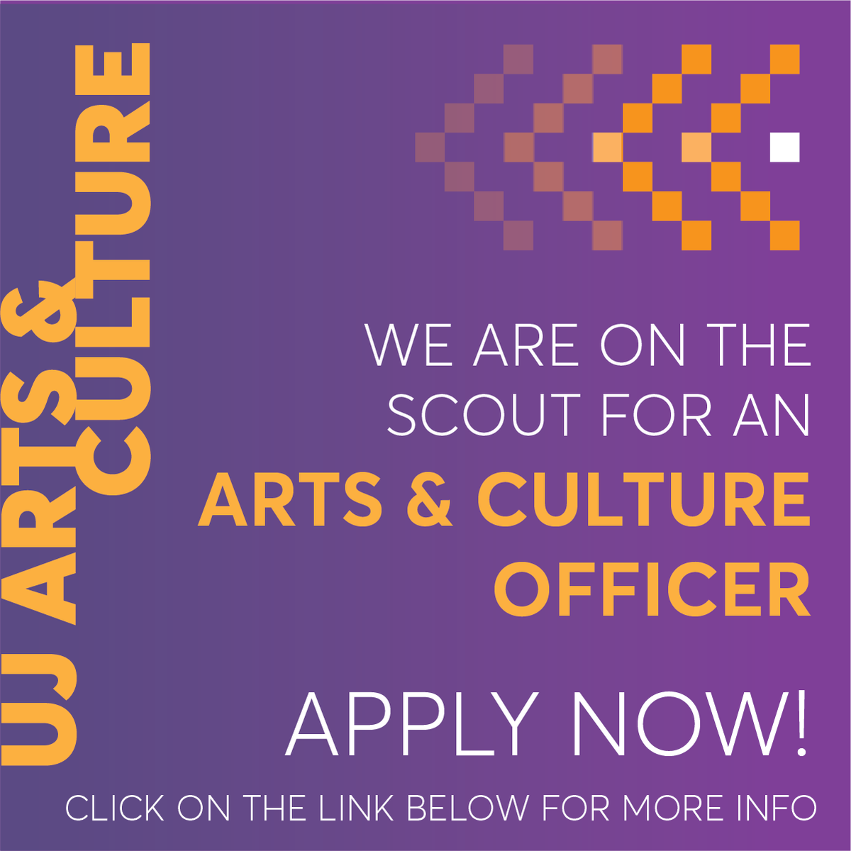 UJArts_Culture's tweet photo. WE ARE HIRING!
@ujartsculture seeks to appoint an Arts & Culture officer to join the division’s production team & will be responsible for the day-to-day technical running of the division’s operations.
Applications close 3 September 2021
➡️ https://t.co/m2xF7Mkd7e
#KeepARTing https://t.co/xKpM0kixVz