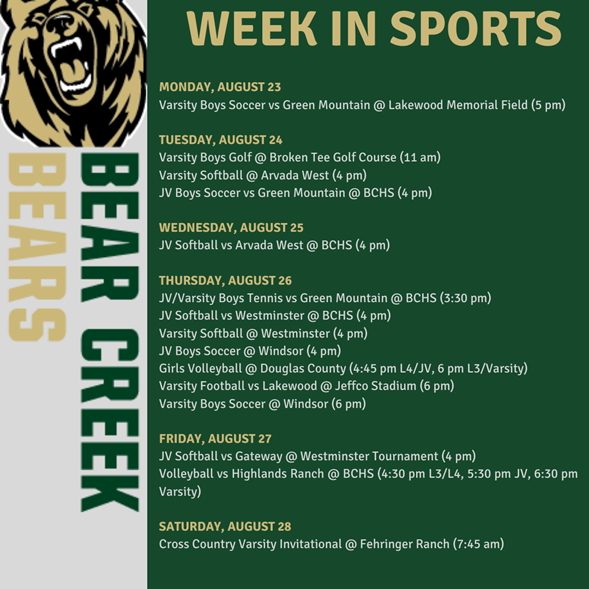 Bear_CreekHS's tweet photo. Sports are back in full swing and we hope to see all of you at some of this week’s events! Let’s Go Bears! #BetterTogetherBC #DefendTheDen #GoBCBears https://t.co/hULhbcR0lL