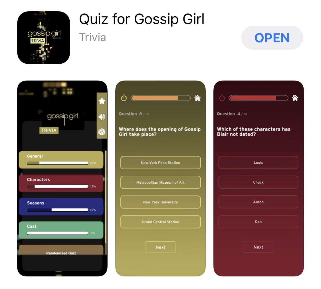 TheRoyalsE's tweet photo. @gg_scene Check out my Gossip Girl TRIVIA QUIZ app for a fun throwback to see how well you remember the show! #iOS &amp; #Android 

https://t.co/GcjNxubeu2 https://t.co/liYDbikEag