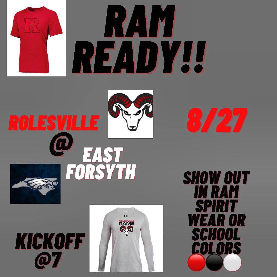 Riot_Rolesville's tweet image. RAM READY❤️🖤❤️
8/27 @east forsyth 
Kickoff @7 
We understand this game is 2 hours away, but we still hope to see some ram fans make the trip to support the team we love!! Wear your best RAM apparel and be ready to CHEER the team on‼️‼️
#letsRole #ramready #beattheeagles