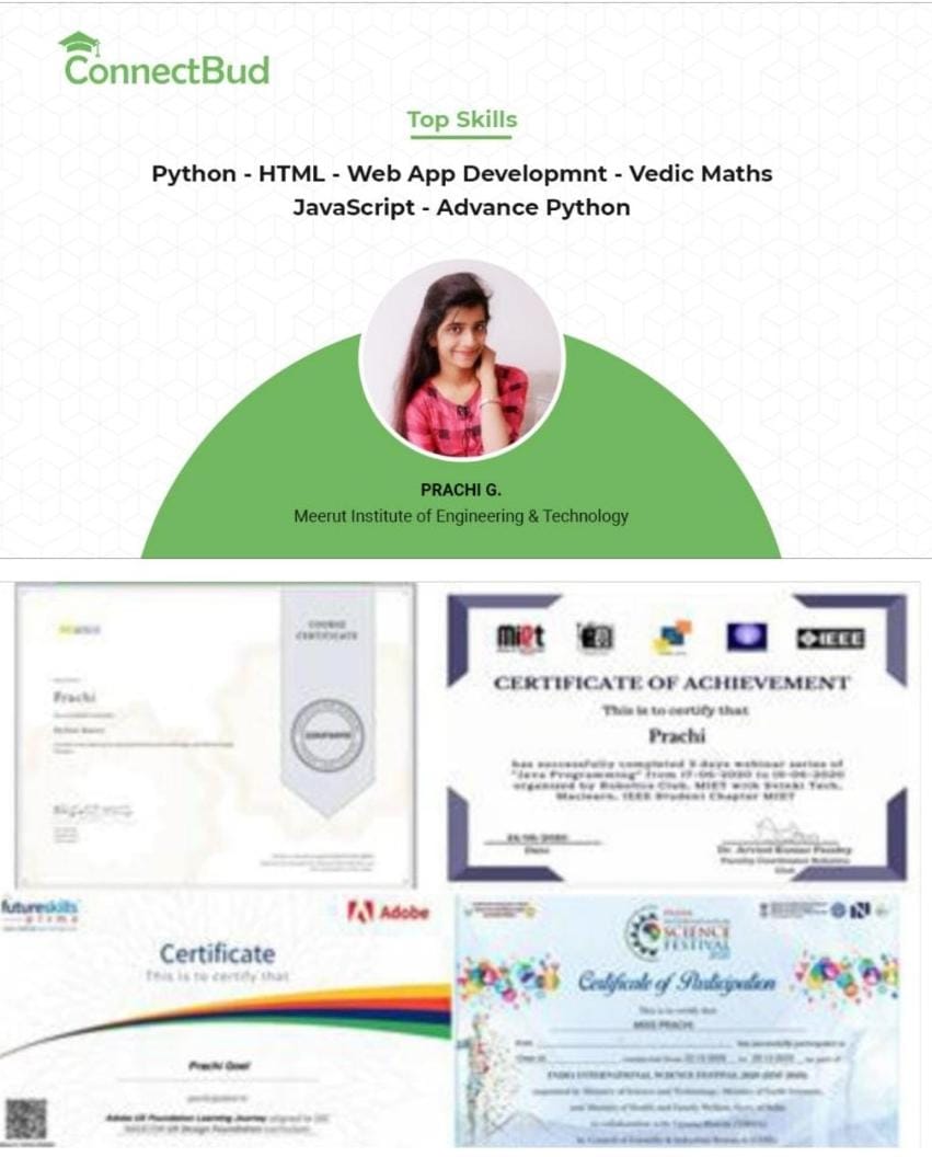 ConnectBud's tweet image. We are proud to have Tutors like Prachi Goel, teaching basic to advanced level Coding courses to kids on ConnectBud.
Visit her profile bit.ly/3B75dfh
Sign up at connectbud.com
to hire Prachi and other qualified Tutors
#python #java #advancepython #vedicmaths