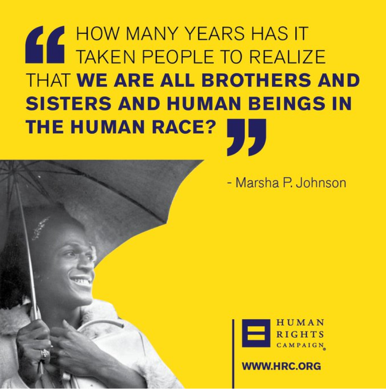 Today would have been Marsha P. Johnson's 76th birthday. She was on the front lines of the fight for transgender equality Stonewall in 1969 until her untimely death in 1992. Today and every day we honor Marsha's life and legacy. 💙💗🤍💗💙🏳️‍🌈