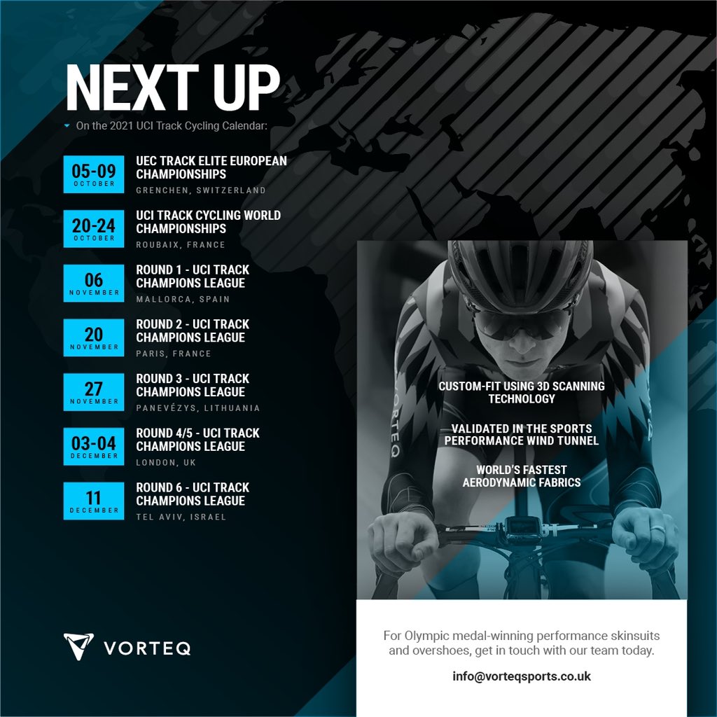 Tokyo might me over but there's still the rest of the 2021 track cycling calendar to get through! 🌎

Contact us today to find out more about the products that won so many medals for multiple nations in Tokyo 📩 info@vorteqsports.co.uk

#vorteqsports #engineeredsportingperfection