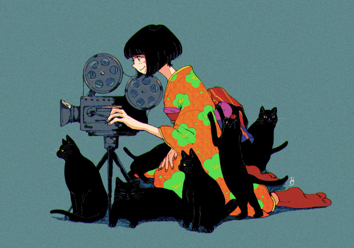 1girl black cat cat japanese clothes black hair kimono short hair  illustration images