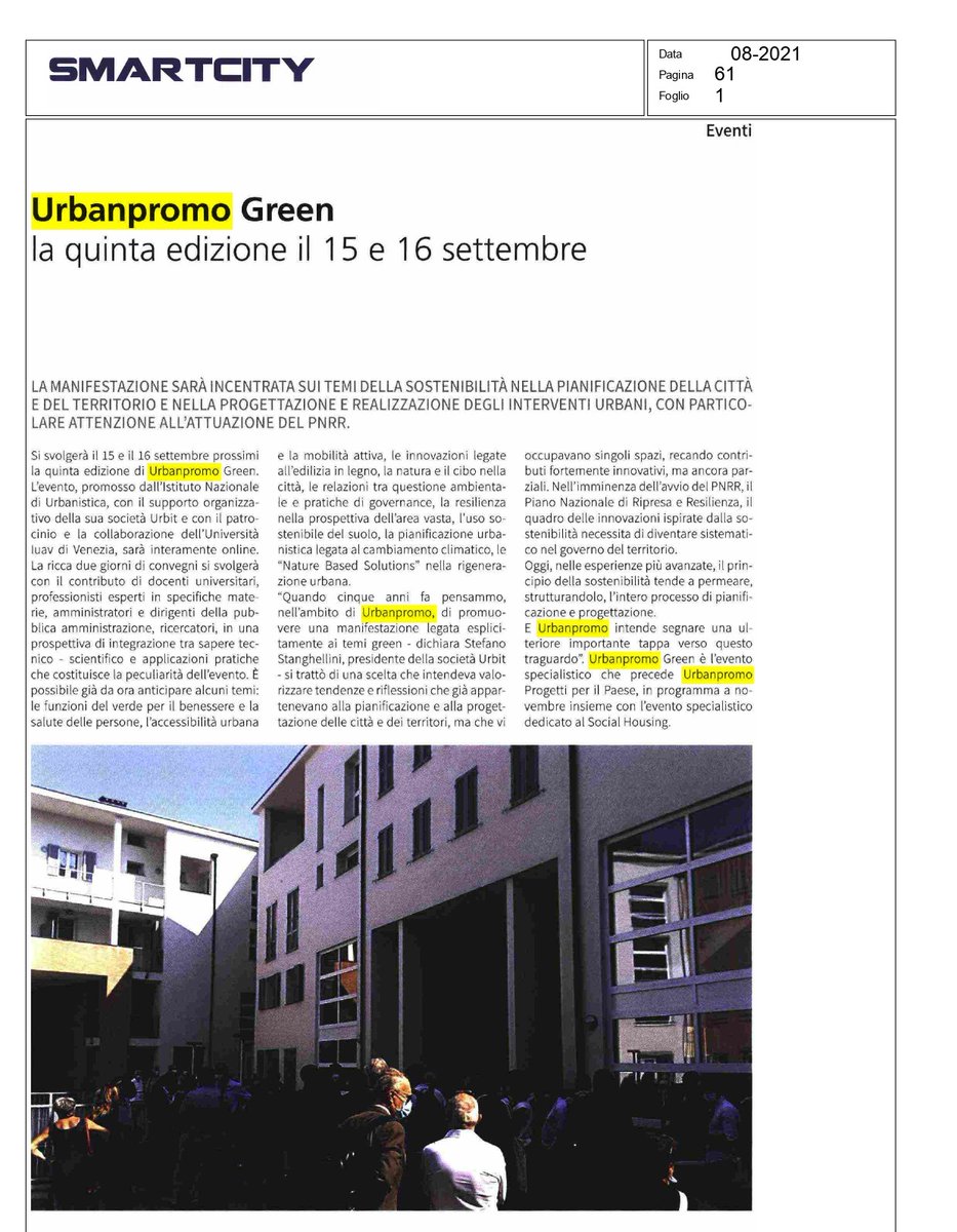 Urbanpromo Green, la quinta edizione il 15 e 16 settembre. L'articolo della rivista Smartcity
