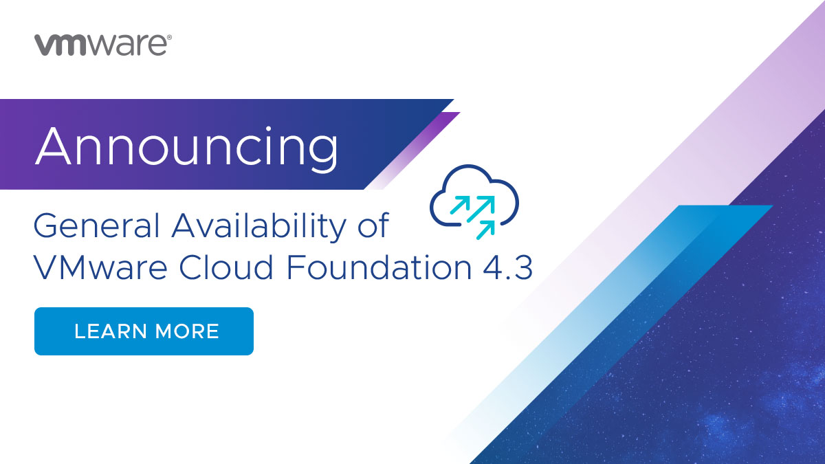 Announcing the release and GA of #VMwareCloudFoundation 4.3! 🎉

Join us for the latest in full stack hyperconverged infrastructure with the world's leading #hybridcloud platform. Full details: bit.ly/2WpcisS