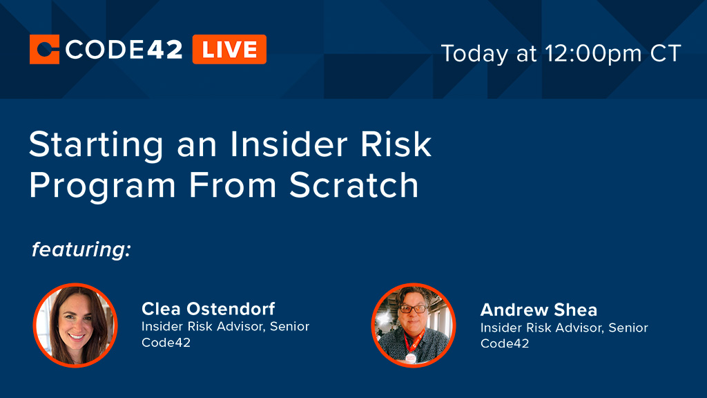 code42's tweet image. Join us at 12PM CT today on #Code42Live to get expert Insider Risk insight on how to start an #InsiderRisk program from scratch. We’ll see you there! bit.ly/2W85644