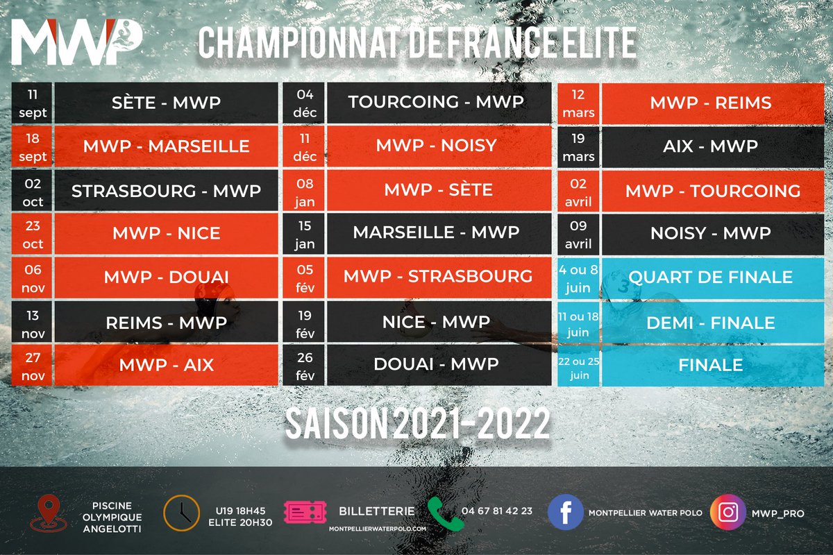 🤽‍♂️ Calendrier des matchs pour la saison 2021-2022 

Hâte de vous revoir au bord des bassins 🔥

GO MWP ⚫️🔴