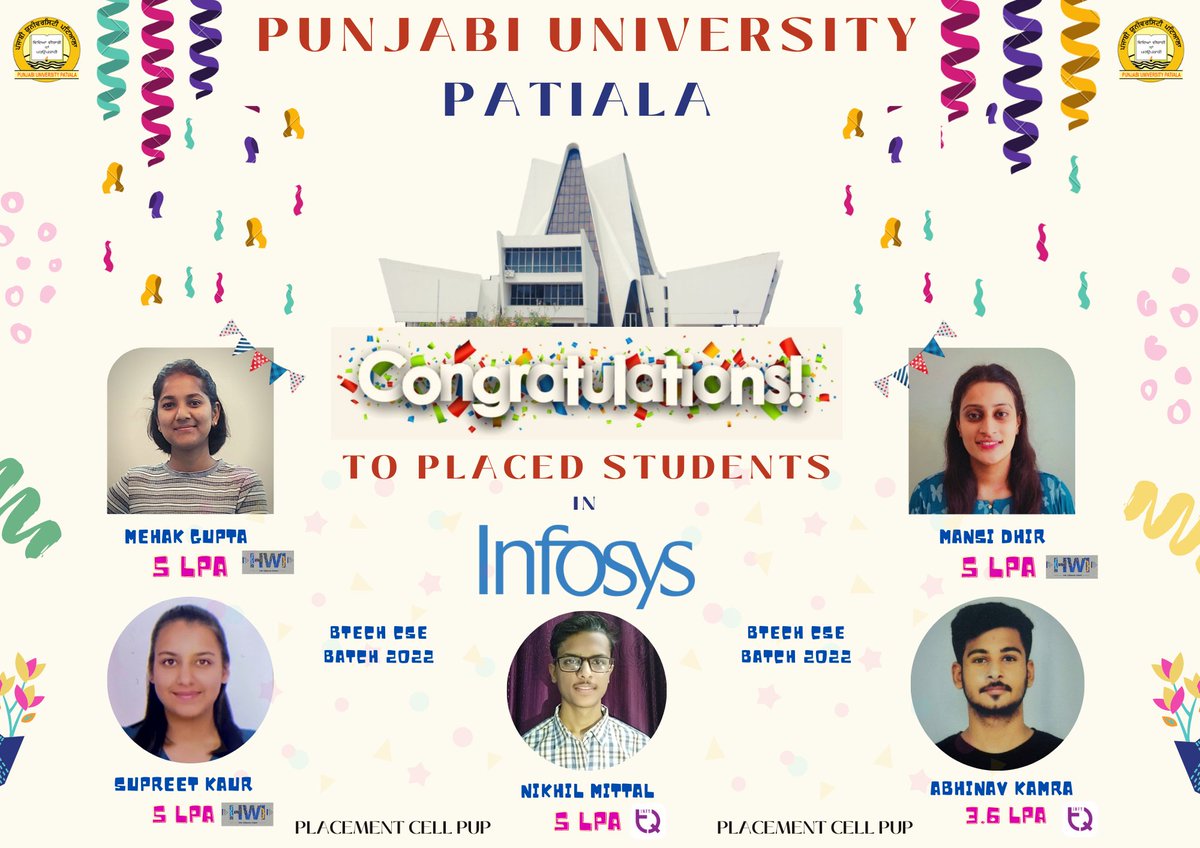 placement_pup's tweet photo. CONGRATULATIONS TO PLACED STUDENTS BATCH 2022 
@PbiUniPatiala @arvind_iiserm 
#Placement #drive #Infosys https://t.co/Cd1qxDP7G3