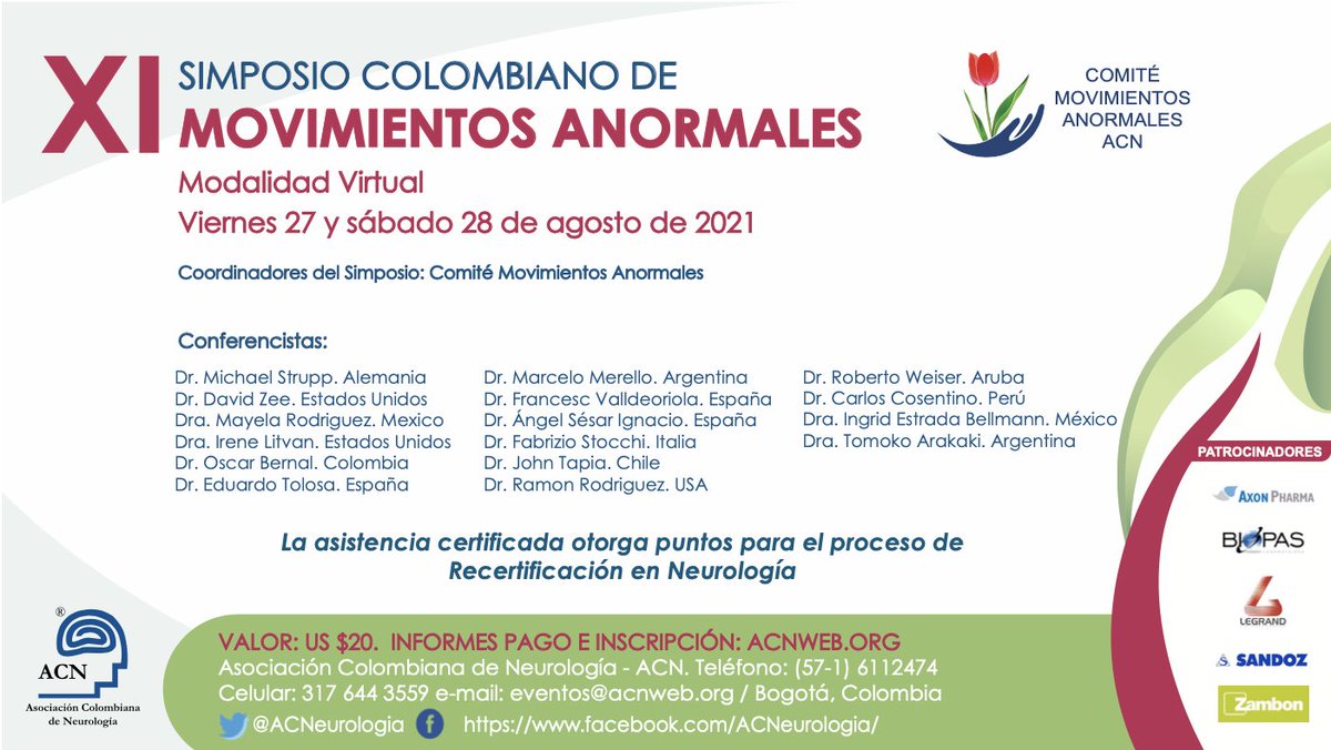 asocientificas's tweet photo. Simposio Colombiano de Movimientos anormales. Organizado por la Asociación Colombiana de Neurología. No se lo pierdan! Proximo viernes 27 y sábado 28 de Agosto https://t.co/odB3ZSLUUH