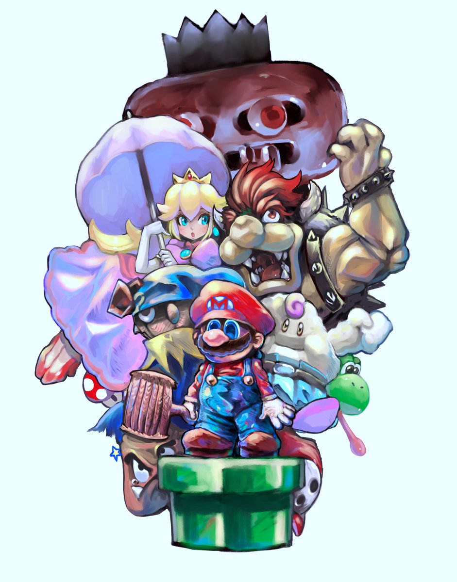 bowser ,mario ,princess peach 1girl mustache multiple boys blonde hair gloves facial hair jewelry  illustration images