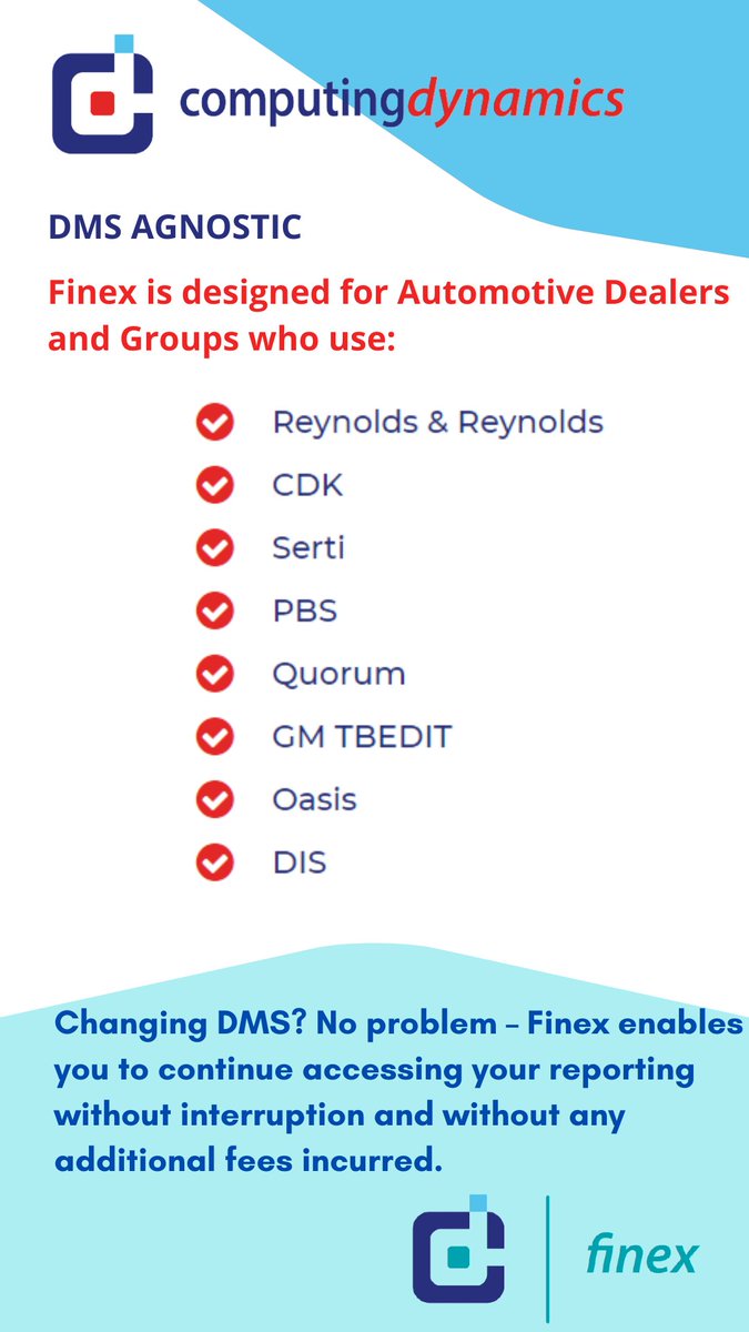 CDIsoftware's tweet image. Because Finex can work with any (or multiple) DMS vendors, you can enjoy access to consistent reporting as your organization grows and evolves!

#finex #computingdynamics #cdi #automobileindustry #Accounting