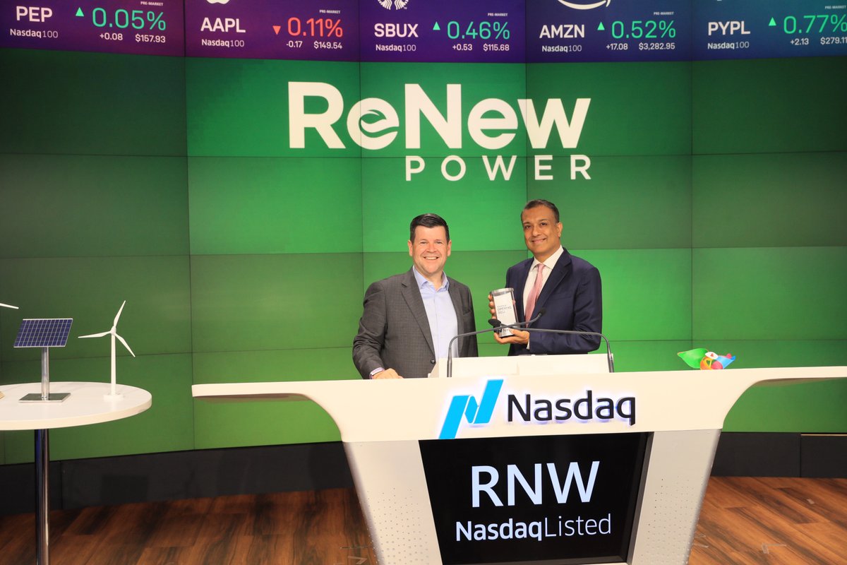 Today was a huge day for @ReNew_Power, but more than that, for India. I am truly excited how this step will attract investments in the renewable energy space in India. Thankful. Grateful. Delighted. <a href="/nasdaqmccooey/">Bob McCooey</a>
#ReNewOnNasdaq <a href="/Nasdaq/">Nasdaq</a>