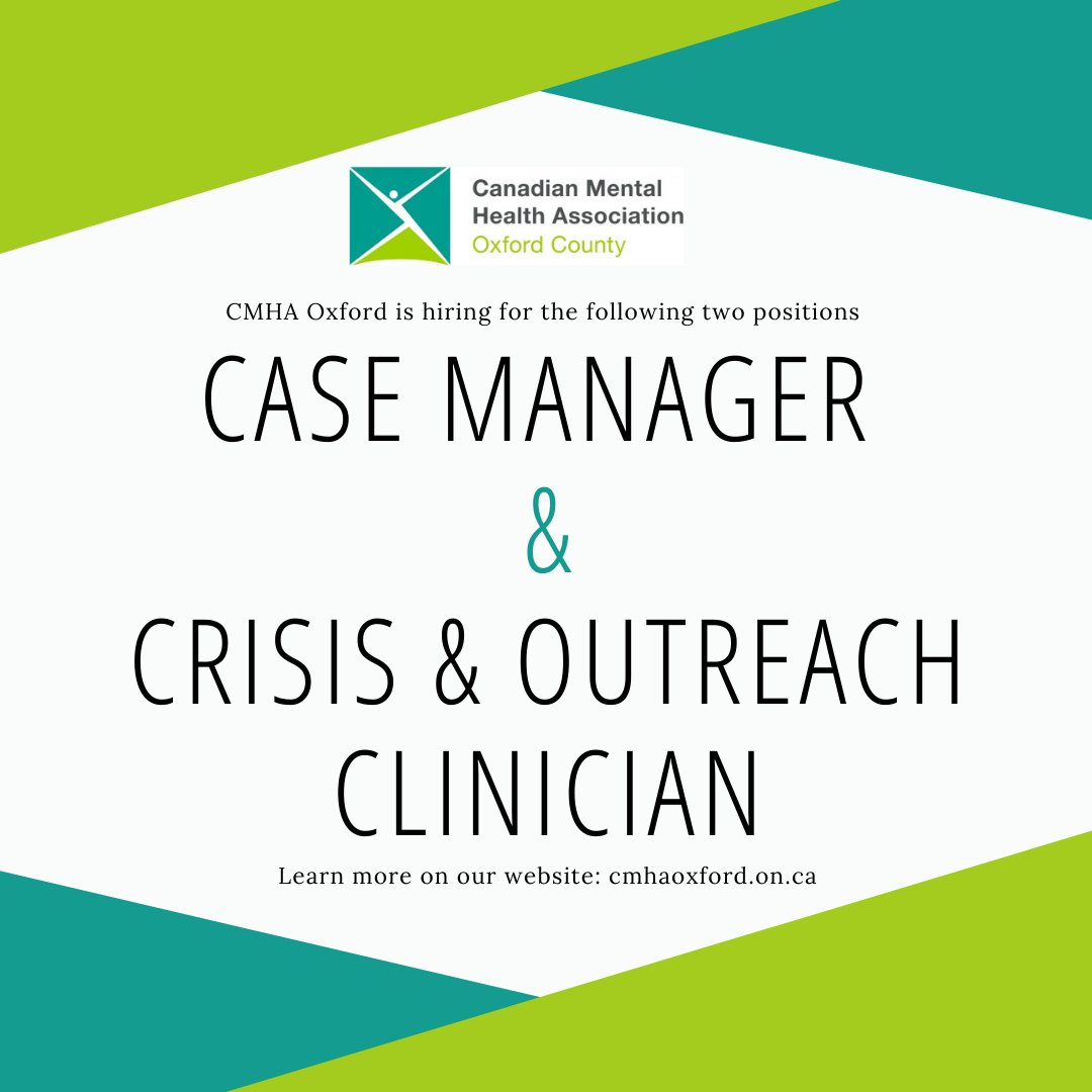 CMHA Oxford is recruiting for a full-time
Case Manager and a part-time Crisis &amp; Outreach
Clinician -- Walk in Counselling. Full job details can be
found on our "employment" tab at
cmhaoxford.on.ca