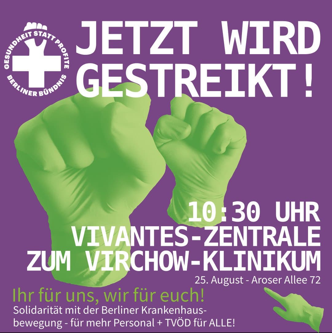 Jetzt wird gestreikt - nach den Gerichtsurteilen heute streiken morgen #Vivantes, die Töchter und #Charité! Wir freuen uns wie Bolle für die Kolleg*innen und laden alle ein zur Streikdemo zu kommen - 10.30 Uhr Aroser Allee 72 (vor der Vivantes-Zentrale). #Streik