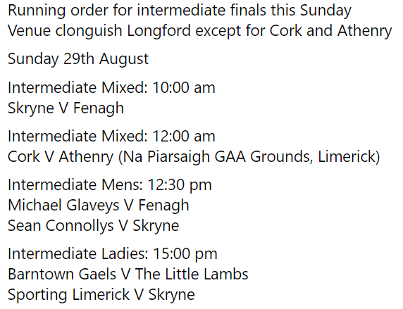 GAARoundersoffi's tweet photo. The #GAARounders2021 Intermediate semi-finals take place this Sunday in @NapGAA and @ClonguishGAA. We have teams competing from @MeathGAA @Carlow_GAA @OfficialCorkGAA @Galway_GAA @RoscommonGAA @OfficialLDGAA @OfficialWexGAA @DubGAAOfficial and @LimerickCLG. https://t.co/LpEocl36re