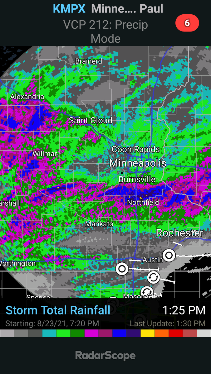 MPRweather's tweet photo. Biggest rainfall of 2021 so far for many this morning! 1.39" at MSP Airport. Purple and blue zones on map report 3" to 4" including Red Wing, Lakeville, Northfield. #mnwx https://t.co/r5hw0L0bv9