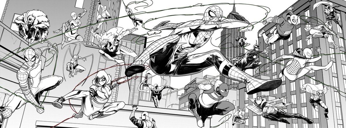 ParisAlleyne's tweet image. Huge Spidersona piece that I&apos;ve been working on in my spare time over the last 3 months. Each character belongs to someone over on our art discord server. Colours coming.. eventually.