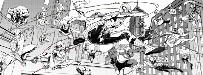 Huge Spidersona piece that I've been working on in my spare time over the last 3 months. Each character belongs to someone over on our art discord server. Colours coming.. eventually. 