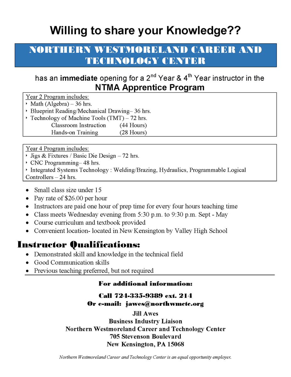 The NTMA Apprentice Program is still currently looking to fill 2 Instructor positions!