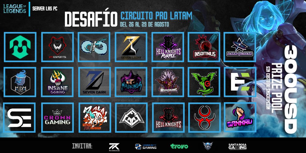 #LeagueofLegends

Te presentamos los segundos 21 equipos mas que terminar de completar los confirmados para la copa por 300USD en premios! de la mano de <a href="/CGaming_LatAm/">Community Gaming LatAm</a> 

BIENVENIDOS 🇵🇪🇺🇾🇧🇴🇵🇾🇨🇱🇦🇷

21HS ARG Sorteo de llaves! 
trovo.live/circuitosprola…