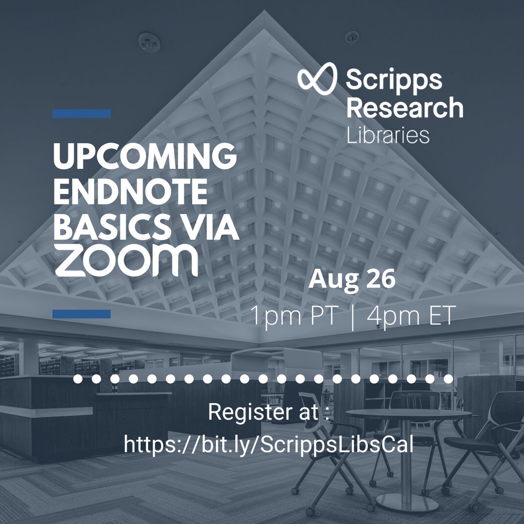 Learn the Basics of using #EndNote and see what's changed with EN 20. Aug 26 <a href="/1pm/">໊</a> PT. Open to Scripps Research employees and students. Register at bit.ly/ScrippsLibsCal
