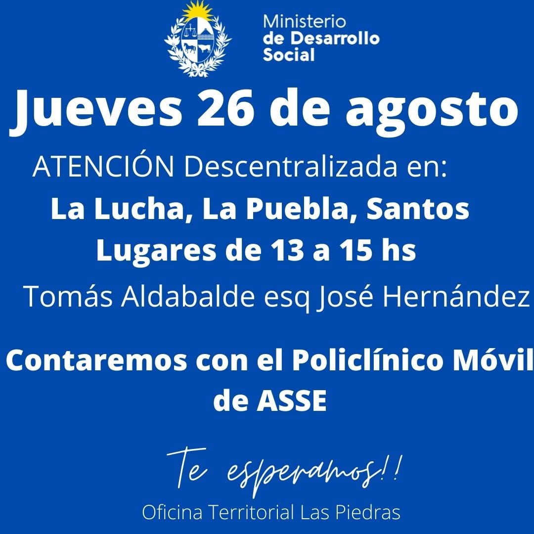 ATENCIÓN !!! Este jueves 26 descentralizada en La Paz junto al Policlinico Móvil de Asse !!! 
En Tomás Aldabalde esquina José Hernández !!!