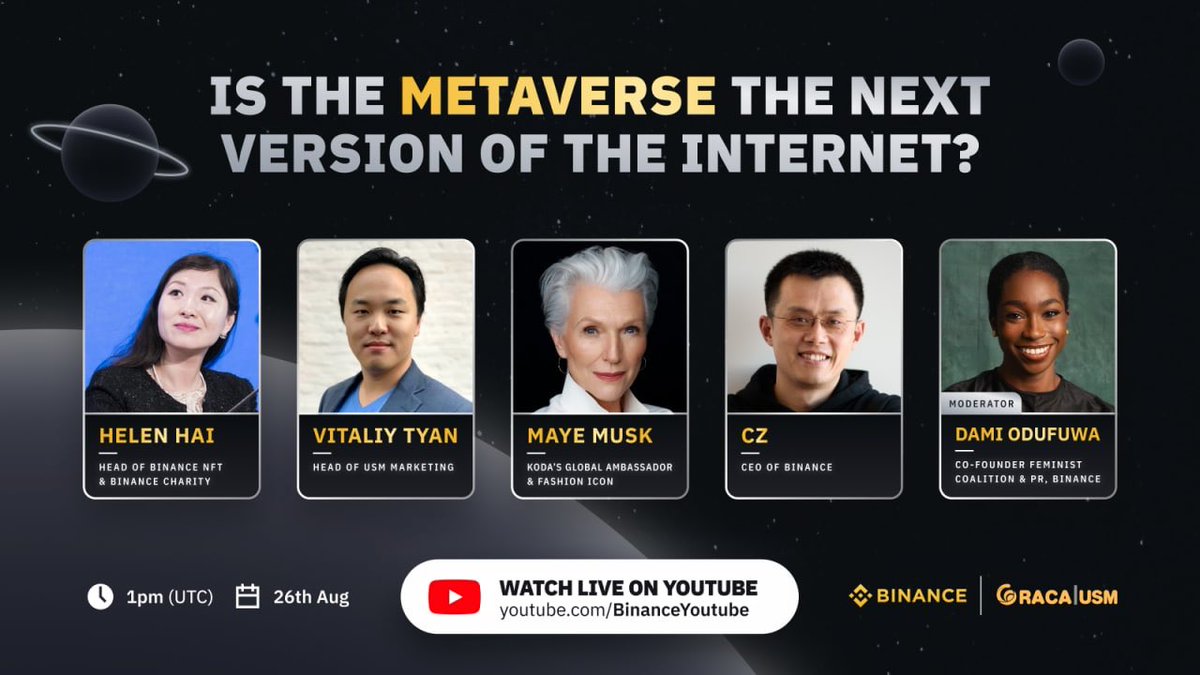 I am excited to be speaking on the panel "Is Metaverse the next Internet?" with <a href="/cz_binance/">CZ 🔶 BNB</a> <a href="/HelenHaiyu/">Helen Hai</a> @vitaliy_USM @darlingdami Aug 26, 1 PM UTC.
FYI, the only platform to grab my mystery box is through @radiocacaNFT on @thebinanceNFT, <a href="/bakery_swap/">BakerySwap</a> ⁦⁦<a href="/TreasurelandNFT/">Treasureland Market</a>⁩