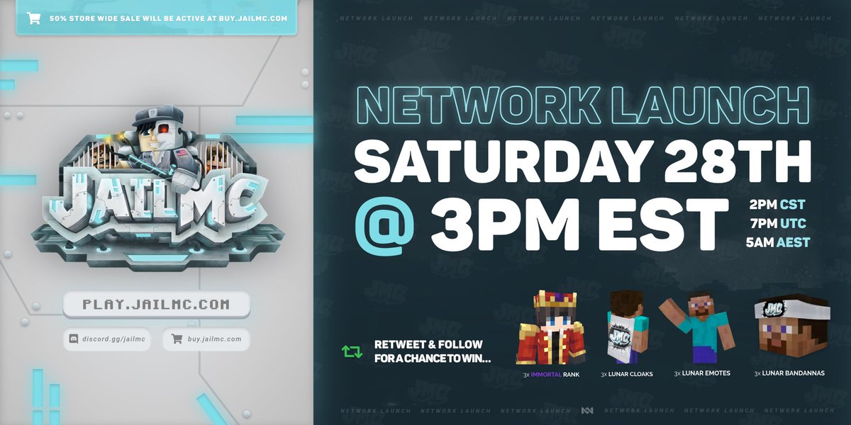 JailMCPrison's tweet image. Welcome to JailMC! ⛏️

Prison release will take place this Saturday at 3PM EST🏆

GIVEAWAY ⤵️
• 3x Immortal Ranks
• 3x Lunar Cloaks
• 3x Lunar Emotes
• 3x Lunar Bandana

IP: play.jailmc.com
Store: buy.jailmc.com
Discord: discord.gg/jailmc