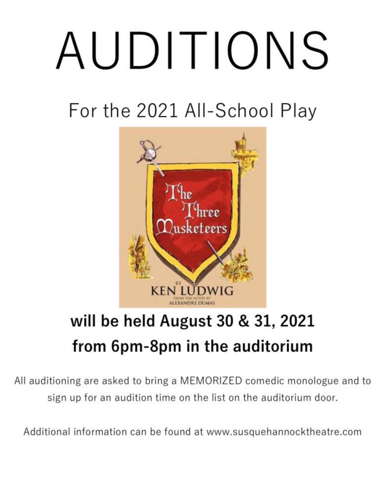 SHSTheatre's tweet photo. Audition Info Below!👇
Auditions for “The Three Musketeers” are being held on August 30th &amp; 31st between 6-8pm! If you would like to audition, please sign-up on the sign-up sheet posted on the Auditorium Door. All auditioning are asked to bring a MEMORIZED comedic monologue.🎭 https://t.co/egU1jSpmlG