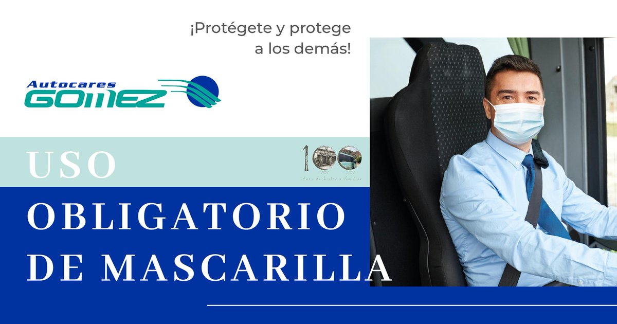 AutocaresGomez's tweet photo. 🚌🧳 Recuerda que la mascarilla es OBLIGATORIA cuando no se pueda mantener la distancia de seguridad. ¡Protegiéndote a ti proteges a los demás! https://t.co/xFer7xwM32