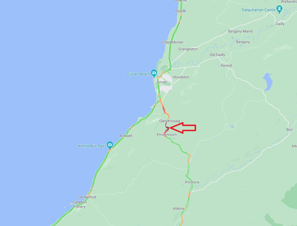 trafficscotland's tweet photo. UPDATE ❗ ⌚ 15:25
#A77 CLOSED ⛔
The A77 remains closed both ways at Glenapp Castle (South of Ballantrae) due to an RTC
The diversion route - via the #A714 is now also CLOSED due to another RTC.
Please #UseAltRoute if possible
#DriveSafe @SWTrunkRoads https://t.co/2TG1GRfYCM