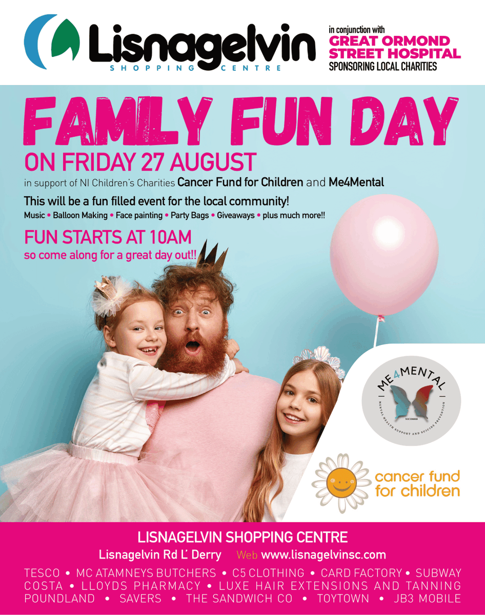 Lisnagelvin (@lisnagelvinsc) on Twitter photo Remember our <a href="/OneGreatDay1/">One Great Day</a> Family Fun Day kicks off today at 10am with music, balloon-making, competitions and giveaways, face-painting & more, in aid of local charities <a href="/me4mental17/">me4mental</a> & <a href="/CancerFundChild/">Cancer Fund for Children</a>. See you soon!
Donate here: uk.virginmoneygiving.com/fundraiser-dis… Remember our <a href="/OneGreatDay1/">One Great Day</a> Family Fun Day kicks off today at 10am with music, balloon-making, competitions and giveaways, face-painting & more, in aid of local charities <a href="/me4mental17/">me4mental</a> & <a href="/CancerFundChild/">Cancer Fund for Children</a>. See you soon!
Donate here: uk.virginmoneygiving.com/fundraiser-dis…