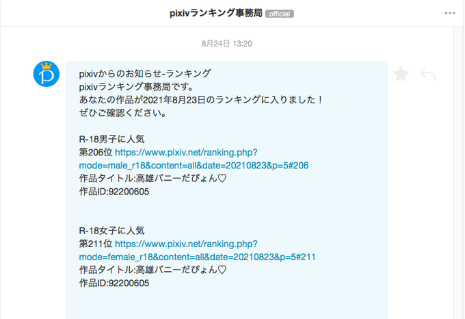 pixivランキング
ランクインありがとうございますぴょん! 