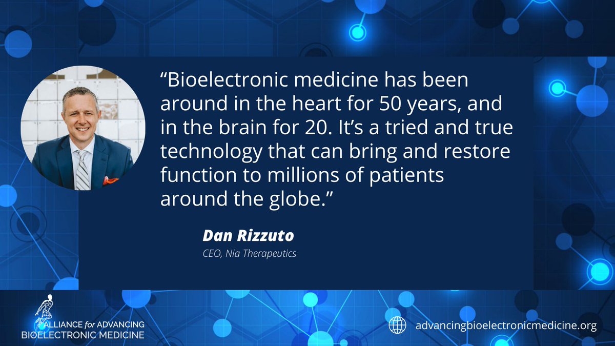Alliance for Advancing Bioelectronic Medicine (@aabm_coalition) on Twitter photo At the #BioelectronicMedicineTalks, <a href="/NiaTherapeutics/">Nia Therapeutics</a> CEO <a href="/DanRizzutoPhd/">Dan Rizzuto</a> emphasized the transformative change that this innovative field of #healthcare has brought for patients. Watch the full discussion on the past, present & future of bioelectronic med: bitly.ws/fZIe At the #BioelectronicMedicineTalks, <a href="/NiaTherapeutics/">Nia Therapeutics</a> CEO <a href="/DanRizzutoPhd/">Dan Rizzuto</a> emphasized the transformative change that this innovative field of #healthcare has brought for patients. Watch the full discussion on the past, present & future of bioelectronic med: bitly.ws/fZIe