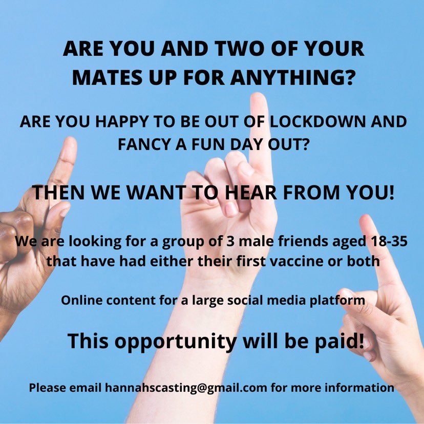 Pls RT: <a href="/OfficialCastMe/">Cast Me</a> <a href="/Castingfortelly/">Casting for Telly</a> <a href="/TV_Casting_Hub/">TV Casting Hub</a> ✨ On the lookout for 3 MALE BEST FRIENDS, 18-35, have had their first vaccine/both for a fun PAID online content project!🎥 Email hannahscasting@gmail.com with your names, ages, location&amp;a photo of you all for more info