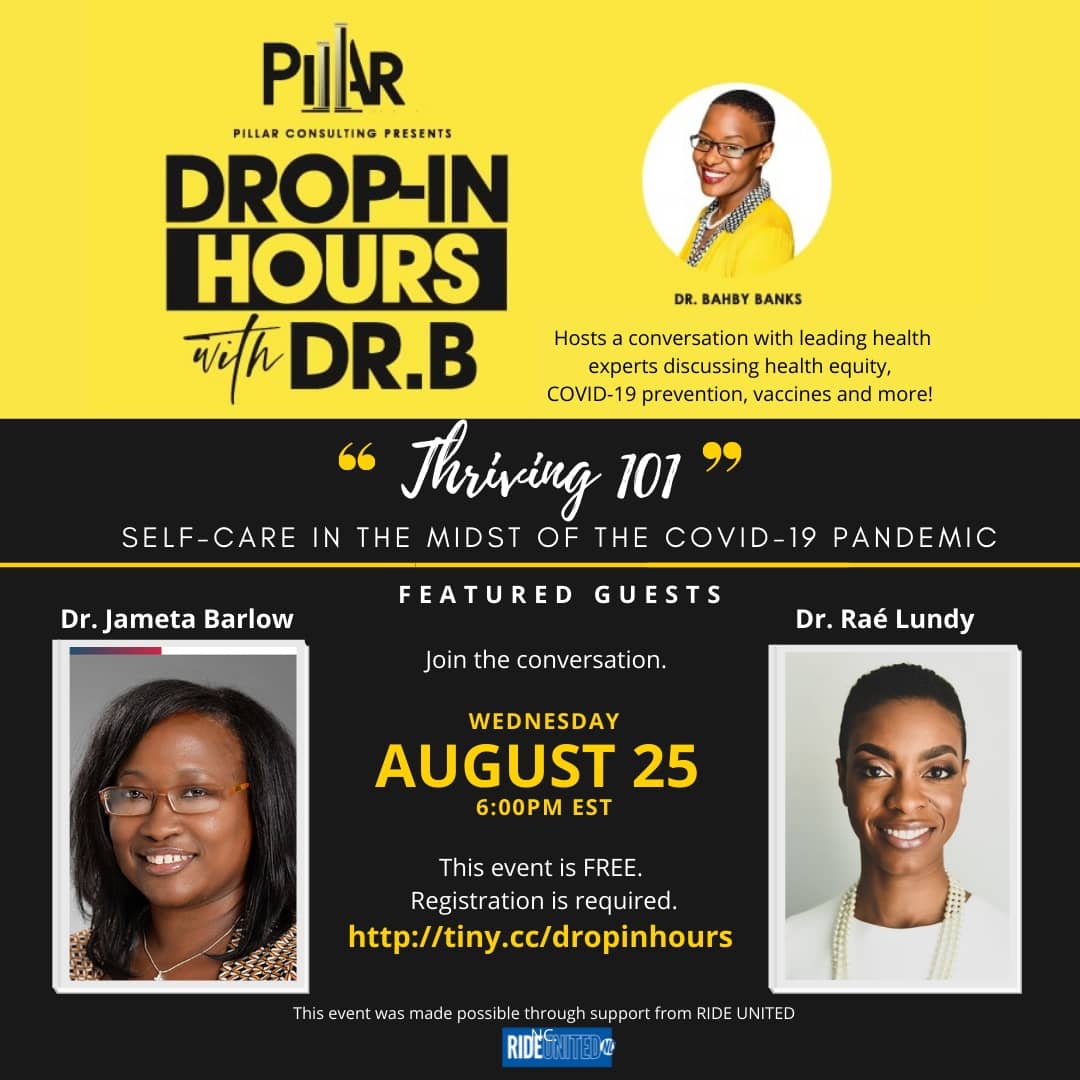bahbybanks's tweet photo. We're down to the last of the 4-part series made possible by our partners at #RIDEUNITEDNC. Join us on 8/25 as we talk about thriving in the midst of the #COVID19 #pandemic. Look forward to hearing from Drs. @allaboutafya &amp; @RaeLundy1!  RSVP today: https://t.co/IYCemJ8GLE! https://t.co/SWLCQVYCLX